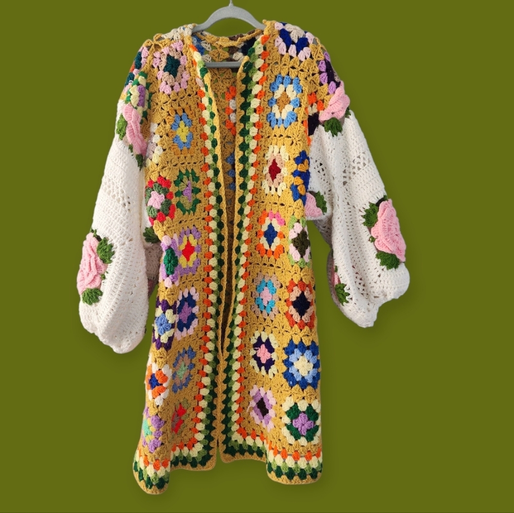 Colorful Crochet Open-Front Cardigan Sweater
